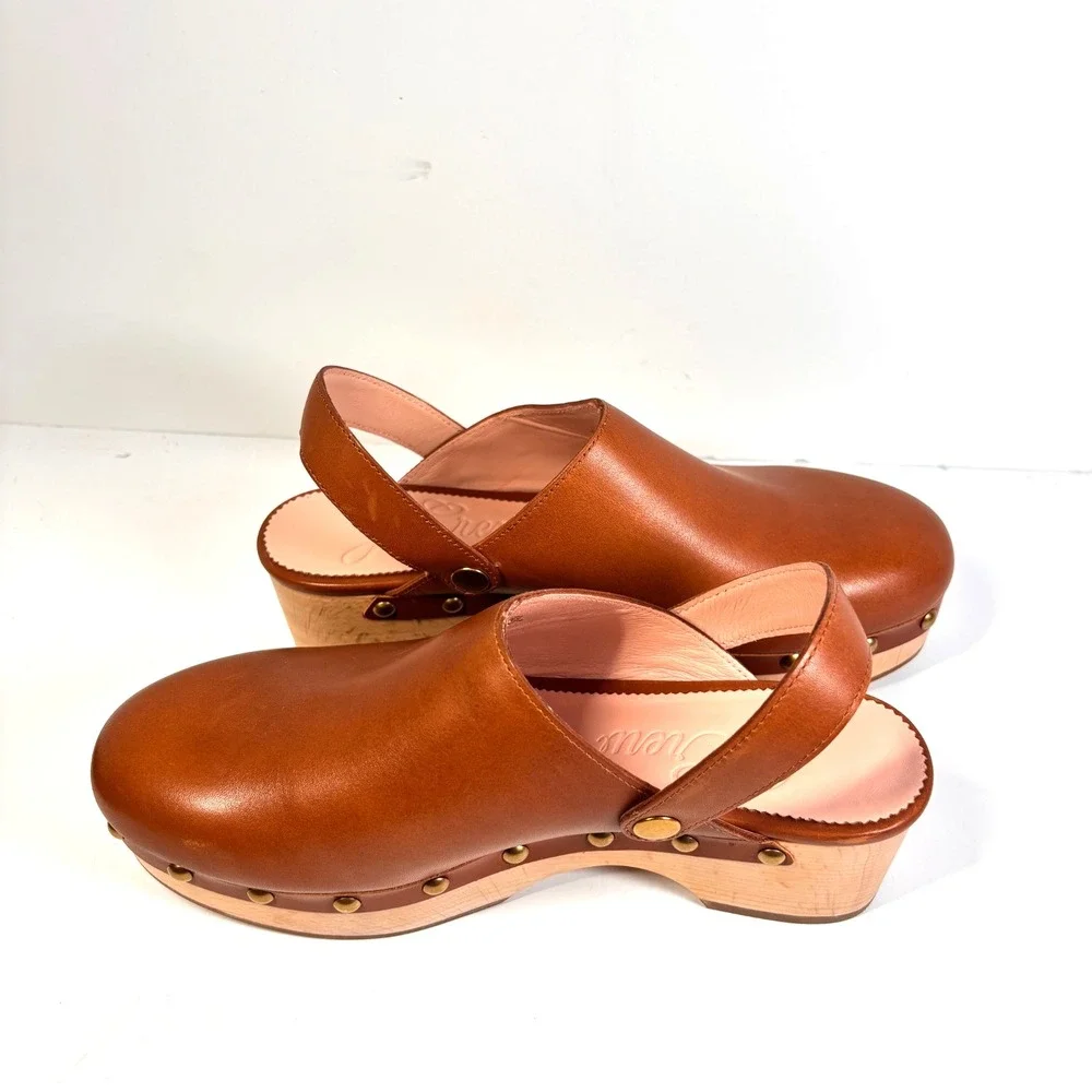 J. Crew Convertible Leather Clogs Brown Studded Wood Sole Slingback Size 6.5 US